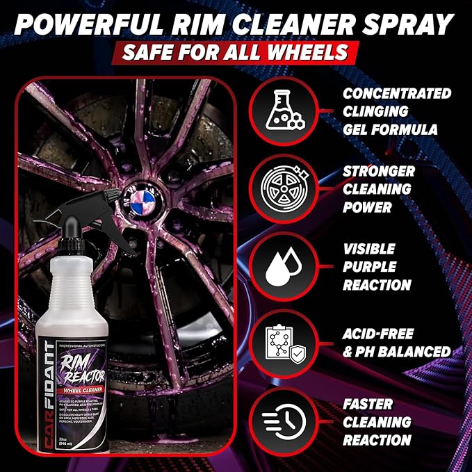 Carfidant Rim Reactor Wheel and Rim Cleaner Spray - Removes Brake Dust & Grime - Safe for BMW, Mercedes, Audi, VW & Porsche - No Scrub, pH Neutral, Non-Acidic Tire Cleaner - 16 fl oz