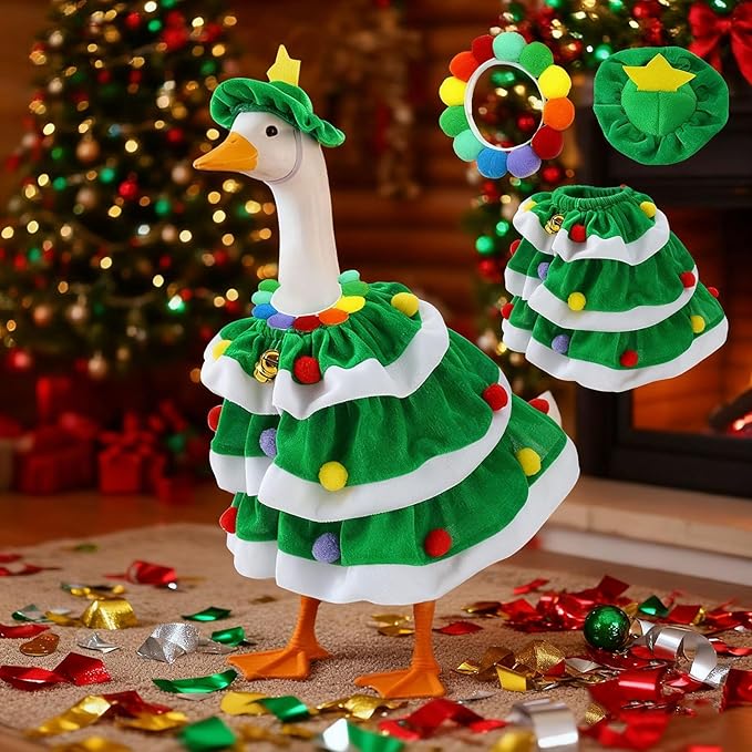 Christmas Porch Goose Outfits - 3Pcs Lawn Goose Goose Costume Small Green Hat, Rainbow Collar and Christmas Tree Skirt for 23 Inch Goose Statues, Holiday Outdoor Garden Porch Yard Lawn Patio Decor