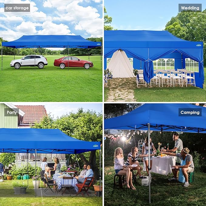 COBIZI 10x30 Heavy Duty Pop up Canopy with 8 sidewalls Stable Wedding Outdoor Tents for Parties Canopy Pop Up Party Tent UPF 50+ Waterproof Commercial Gazebo with Roller Bag, Blue(Windproof Upgraded)
