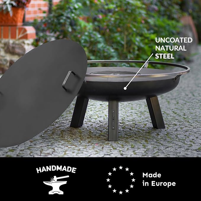 Ember 24" Handcrafted Cooking Fire Pit with Grill Plate Attachment and Cover Lid Attachment for Wood Burning for Backyard Grilling Campfire for Camping, Outdoor Steel Firepit, by Good Directions