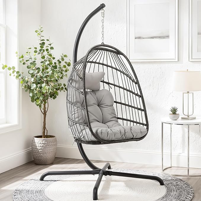 BLUEXYARD Heav-Duty Wicker Egg Chair Outdoor with Stand, 350 Lbs Rattan Patio Swing Chair with Cozy Cushion, Modern Foldable Eggshell Hanging Hammock Seat for Balcony Garden Bedroom, Light Grey