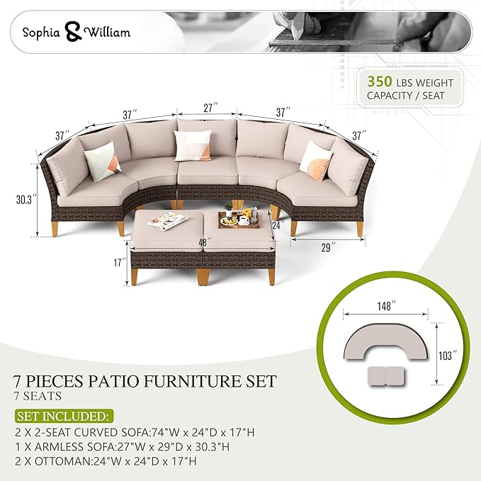 Sophia & William Half Moon Patio Furniture Set 7 Piece Outdoor Sectional Sofa Set, Wicker Patio Conversation Set with 2 Curved Sofa, 1 Armless Chairs, 2 Ottoman for Pool, Deck, Lawn (Beige)