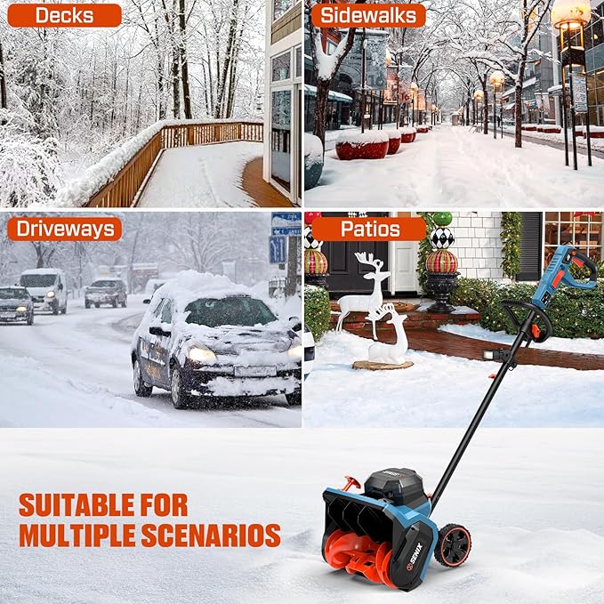 SENIX 60V 15" Cordless Snow Blower, Snow Shovel with Wheel for Decks, Steps, Driveways & Walkways | Steel Auger, 6000mAh Battery, 6" Depth, 33FT Throw, 600lbs/m, LED Lights, 2 Speed, 75° Direction