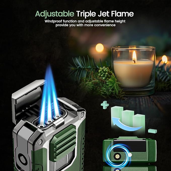 5-in-1 Torch Lighter with Cutter, Punch, Holder, and Draw Enhancer Tool, Triple Windproof Flame, All-in-one Lighter with Multi-Functional Accessory, Refillable Butane Lighter with Gift Box for Men