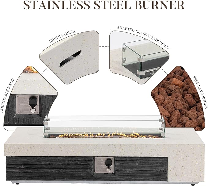 COSIEST 56" Outdoor Propane Fire Pit Table w Tank Cover & Wind Guard, Rectangle Gas Fire Pit Table with Concrete & Wood Grain Design, 50000BTU Fire Tables for Patio, Backyard, Garden