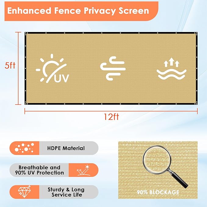iCover 5x12ft Fence Privacy Screen, Heavy Duty Fencing Panels Screens, Outdoor Shade Cloth Mesh Barrier, Reinforced Bindings and Brass Grommets, Cable Zip Ties Included, Sand