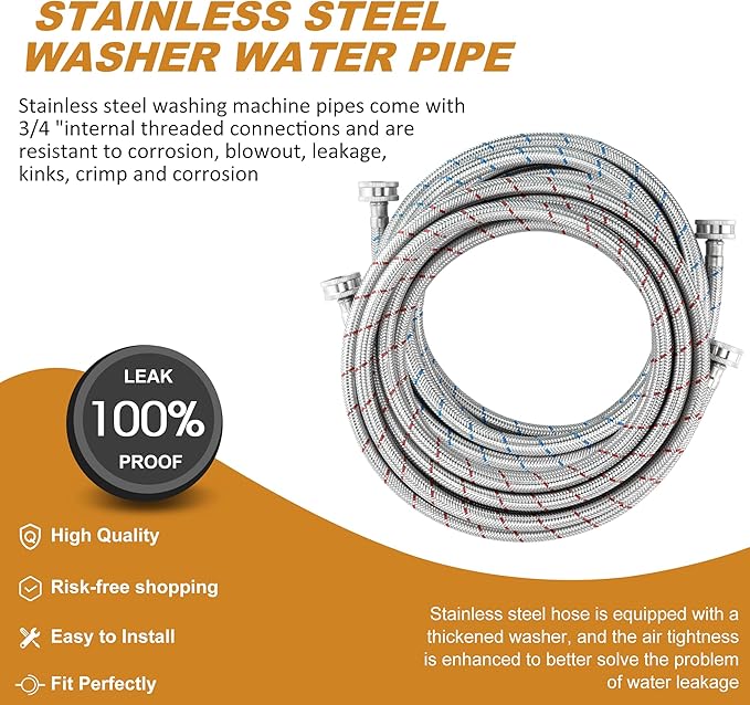 15 FT Washing Machine Hose,Long Washer Water Supply Hoses Hot And Cold Connection(2Packs),Washer Machine Hose Universal Fit for All Standard Wash Machines-by MIFLUS