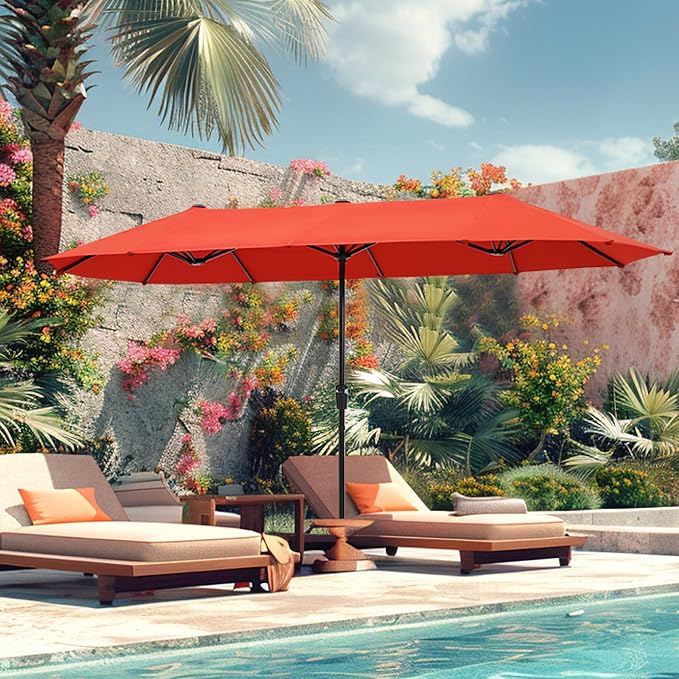 PHI VILLA 13 ft Outdoor Patio Umbrella, Large Rectangular Double-sided Market Table Twin Umbrellas with Crank Handle for Deck Pool, Orange Red