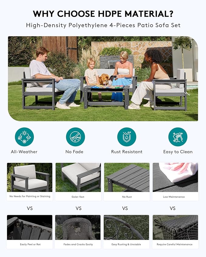 SERWALL 6 Pieces HDPE Outdoor Sofa Set with Cushions, Outdoor Conversation Couch Loveseat Furniture Set with Coffee Table for Balcony, Deck, Poolside, Grey Frame with Khaki Cushions