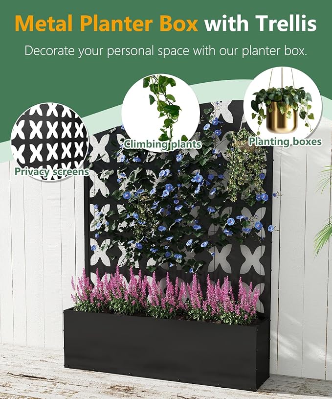 Metal Planter Box with Trellis,70.9"x47.2"x15.7" Raised Garden Bed with Drainage Holes, Privacy Planters for Outdoor Garden Bed for Climbing Plants,Vegetables,and Vines, Black-X