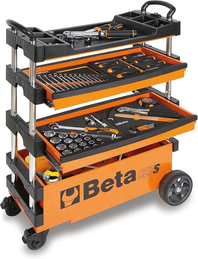 Beta C27S Collapsible Rolling Tool Cart | Heavy-Duty Mobile Metal Tool Trolley with Locking Drawers, 4” Steering Wheels, Brake System | Thermoplastic Worktop | Orange