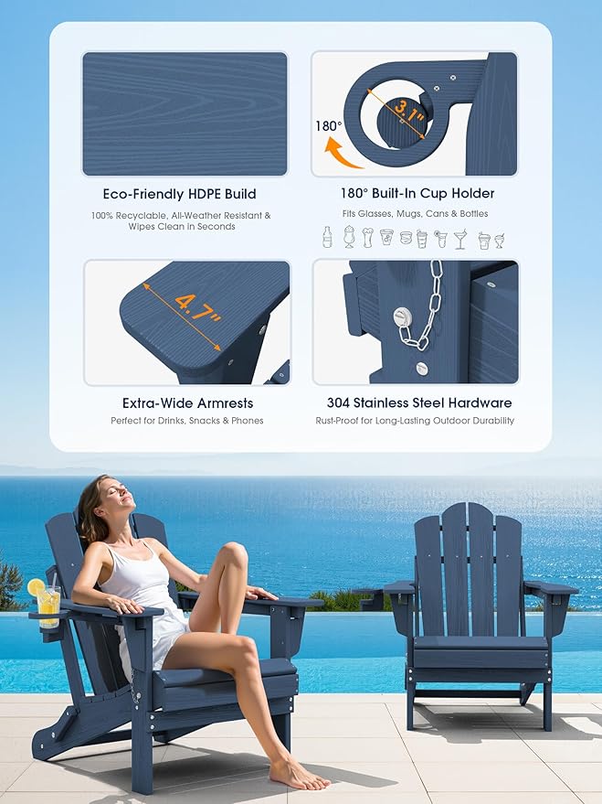 KINGYES Adjustable Folding Adirondack Chair Set of 4, 3-Position Reclining Adirondack Chairs with Cup Holder, HDPE All-Weather Oversized Adirondack for Outdoor, Patio, Backyard Deck, Fire Pit, Blue