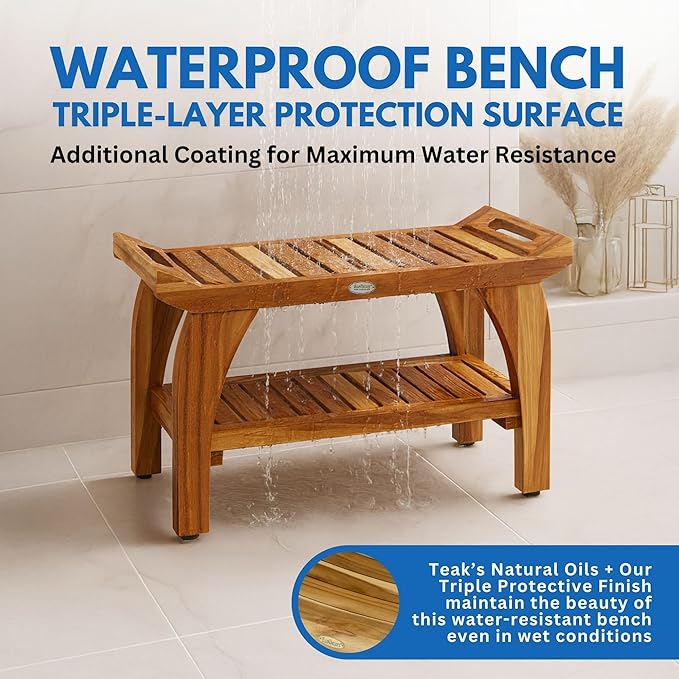 EcoDecors 30 Inch Tranquility Natural Color Waterproof Teak Wood Shower Bench Stool Seat Chair For Inside Shower Storage Shelf Provides Safety, Storage, and Organization For Bathroom Accessories