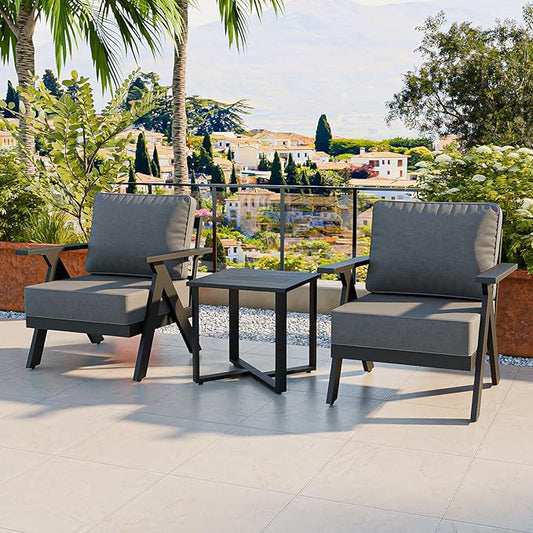COOS BAY Iron Luxe Modern 3 Piece Outdoor Bistro Set, Patio Chairs and Side Table, Outdoor Seating Set for Balcony, Deck, Porch, or Garden, Black/Gray