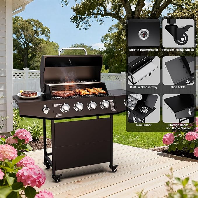 50,000 BTU Gas Grill, 4 Burner BBQ Propane Gas Grill with Side Burner and Stainless Steel Grates,Easy-Clean Grease for Patio, Camping, Outdoor Cooking