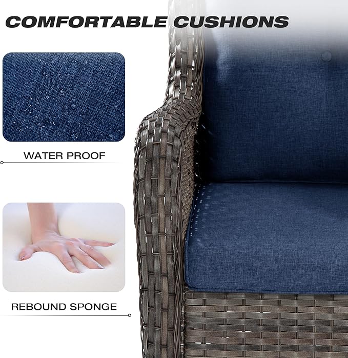 Joyside Wicker Patio Furniture Set 6 Piece Set with 1 Three-Seat Sofa, 2 Swivel Rocker Chairs, 2 Ottomans and 1 Side Table, Outdoor Furniture Patio Conversation Sets(Mixed Grey/Blue)
