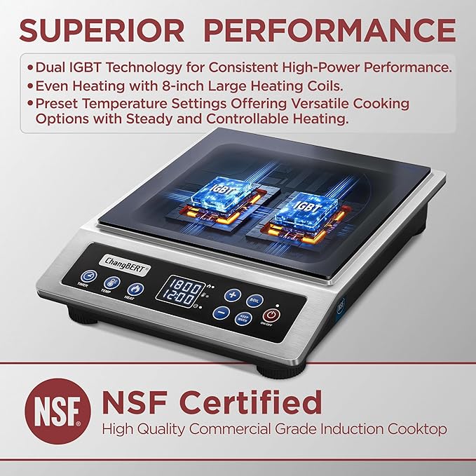 ChangBERT Portable Induction Cooktop, NSF Certified Pro Induction Hot Plate, Powerful 1800W with Large 8" Heating Coil, Premium Stainless Steel, 18 Temp Settings Commercial Grade Countertop Burner