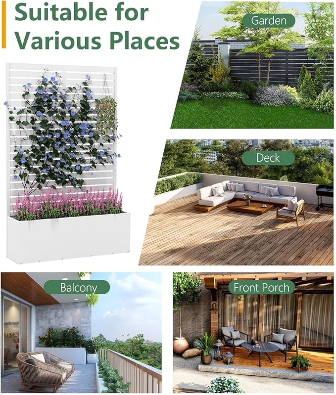 Metal Planter Box with Trellis,70.9"x47.2"x15.7" Raised Garden Bed with Drainage Holes, Privacy Planters for Outdoor Garden Bed for Climbing Plants,Vegetables,and Vines, White-louvered