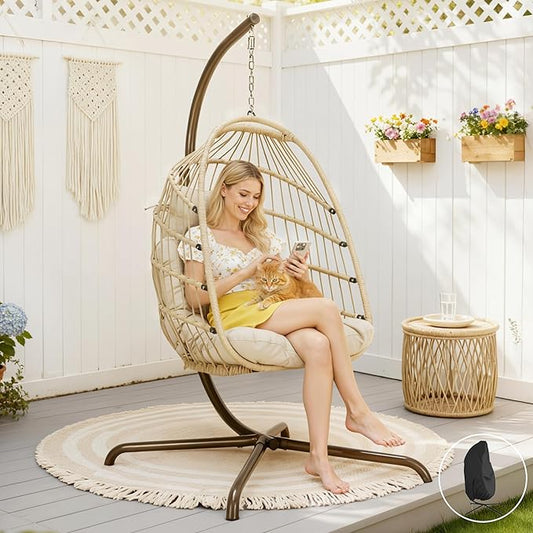 BLUEXYARD Indoor Egg Swing Chair with Stand and Cover, 350 Lbs Heavy-Duty Rattan Wicker Hanging Hammock with Cozy Cushion, Eggshell Basket Seat for Outdoor Patio Balcony Garden Bedroom, Beige
