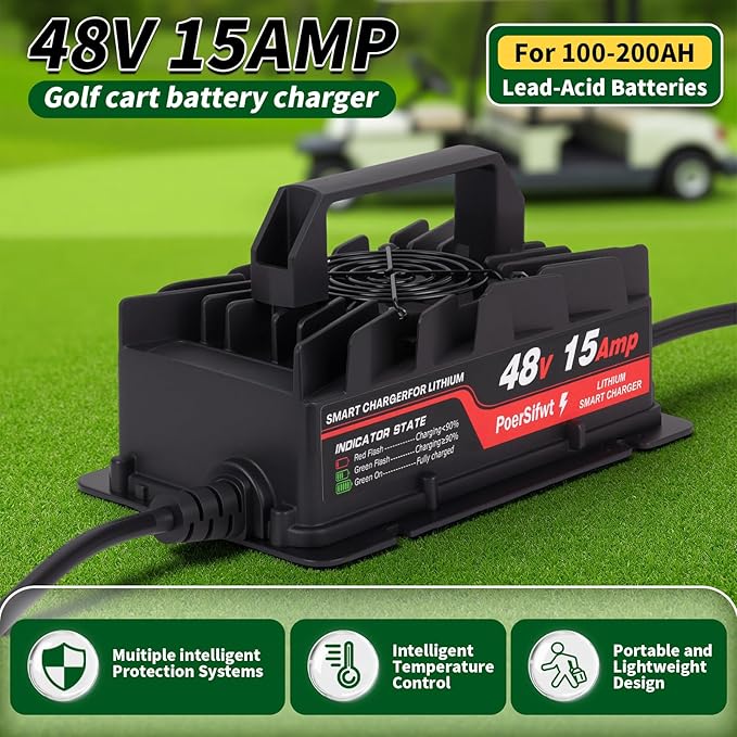 58.4V 15A Lithium Battery Charger for 48V Lifepo4 Battery Packs with Waterproof M8 Connector, LED Indicator, 6 Protections, Fast Charging, for Forklift & Solar Storage