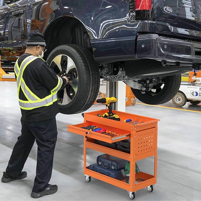 3 Tray Tool Cart with Drawers, 400 LBS Capacity Rolling Tool Carts on Wheels, Heavy Duty Utility Cart with Pegboard, Mechanic Tool Storage Cart for Garage, Warehouse and Repair Shop, Orange