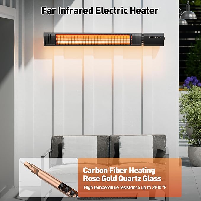 Ceiling Electric Outdoor Heater Wall-Mounted Hanging Patio 1500W Infrared 9 Heat Levels, 24H Timers, Carbon Fiber Tube Heating Wall Heater for Gazebo, Balcony (Rose Gold Quartz Glass)