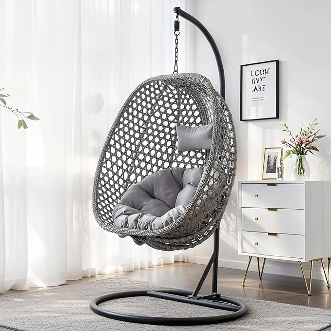 Hanging Egg Chair with Stand, Egg Swing Chair with Stand Indoor Outdoor,Grey Wicker Swing Egg Chair for Adults, Hammock Chair with Comfortable Cushion and Stable Round Metal Base for Bedroom Patio