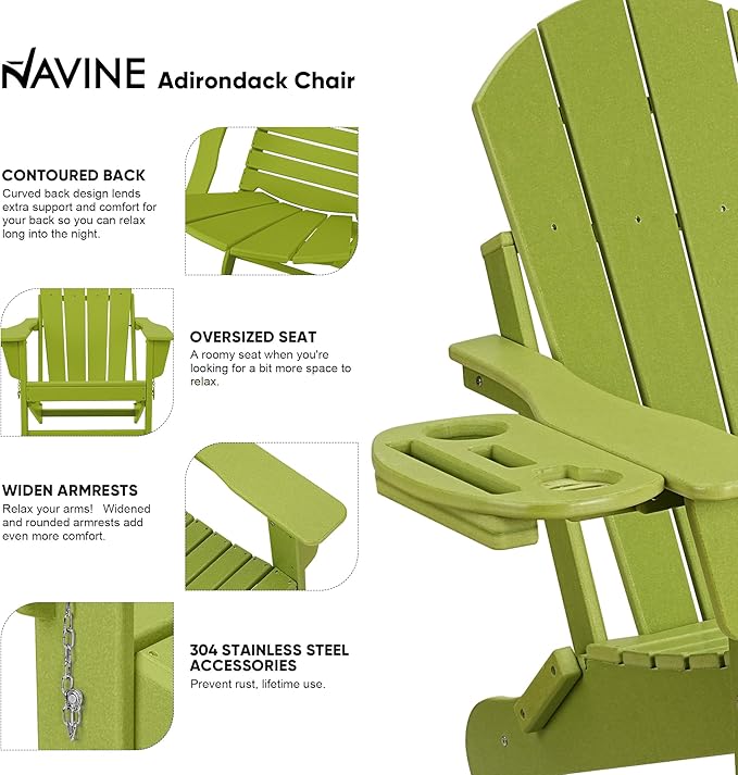 Adirondack Chair, HDPE Folding Adirondack Chair with Multifunctional Cup Holder, Weather Resistant Fire Pit Chair for porches, patios, patios, poolsides, Decks.