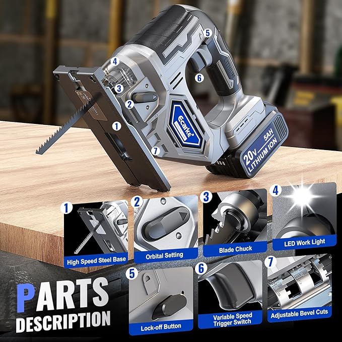 Ecarke Cordless Jigsaw Compatible with Dewalt 20V, Brushless Motor, Variable Speed, LED Light, 0°-45° Bevel Cuts, 3-Position Orbital Action for Cutting (With 5Ah Battery & Charger Station Kit)