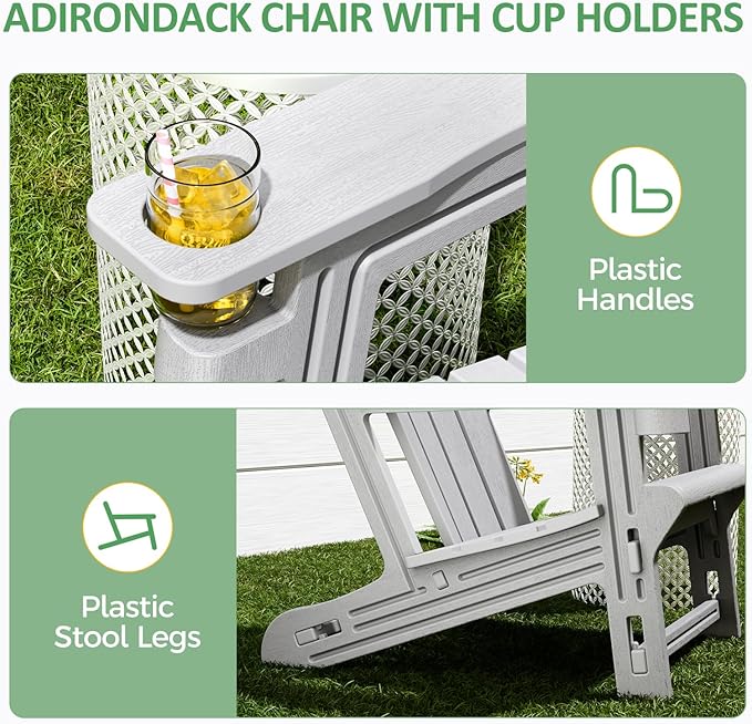 FONTOI Adirondack Chairs Set of 4,Adirondack Chair with Cup Holders,Wooden Textured Plastic Fire Pit Chair,All-Weather Outdoor Patio Chairs for Lawn,Backyard Deck, Porch,400LBS Heavy-Duty，Gray