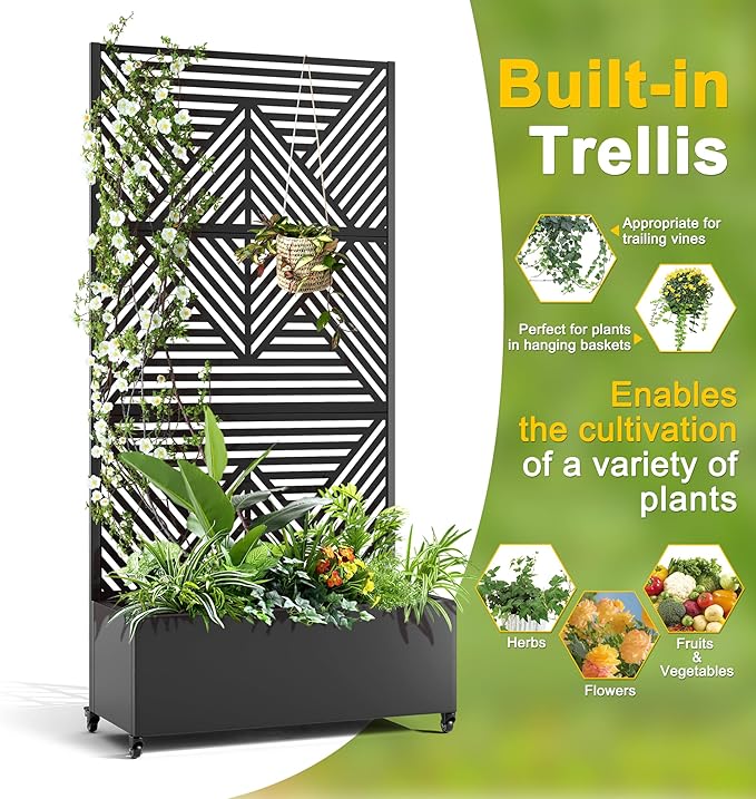 FENCY Metal Raised Garden Bed with Wheels and Trellis,73"x35"x16" Planter Box for Climbing Plants, Vegetables & Vines, Features Privacy Screen and Drainage Holes (Black-Modern)