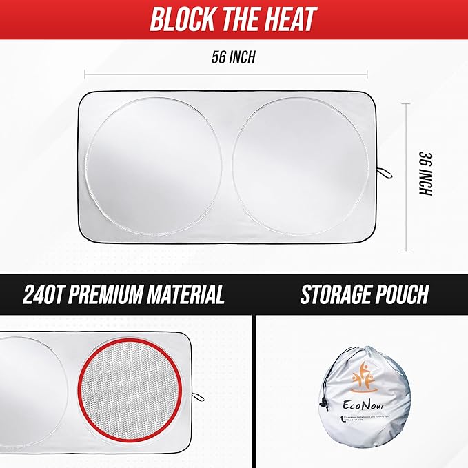 EcoNour Windshield Sun Shade for Tesla Model 3/Y 2017-2026(Fit Model Y Juniper 2025-2026/Model 3 Highland 2024)Upgraded Foldable Sunshade, Window Sun Visor Protector, Blocks UV Rays Keep Your Car Cool