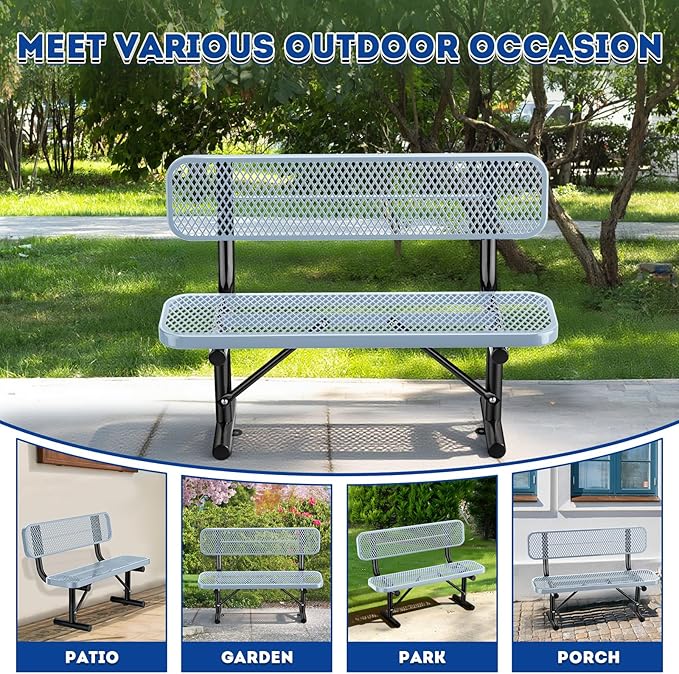 Heavy Duty Park Bench for Outside, Metal Park Bench with Back Portable Frame, Outdoor Steel Mesh Garden Bench with Backrest for Garden, Lawn, Patio, Porch, Park, Yard (Grey, 4FT/50INCH)