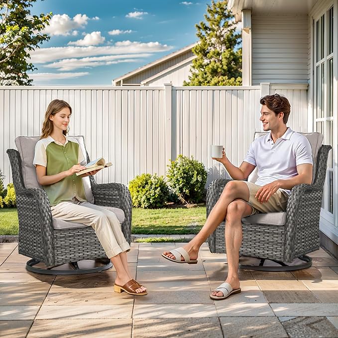 Outdoor Swivel Rocker Patio Chairs with 5" Thick Cushion - 3 Piece Wicker Bistro Set with Side Table, High Back Comfty Outdoor Glider Chairs for Balcony, Porch, Deck, Poolside - Gray/Beige
