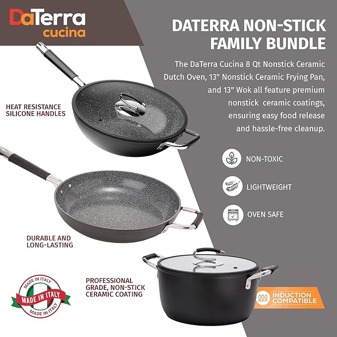 DaTerra Cucina Nonstick Family Bundle – 13" Frying Pan, 13" Wok with Lid, 8 Qt Dutch Oven with Lid – Oven Safe, Ceramic Nonstick, PTFE & PFOA Free – Made in Italy, Volcanic Black Speckled
