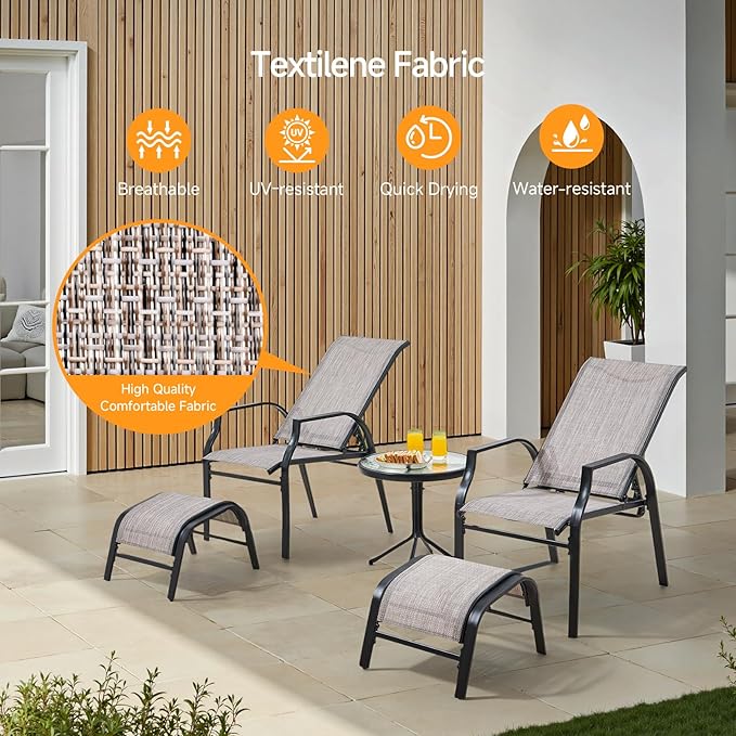 5 Pieces Patio Bistro Set with 2 Patio Chairs and 2 Ottomans, Outdoor Furniture Set with with a Table and Chairs for Poolside, Balcony, Porch, Lawn, Deck, Garden