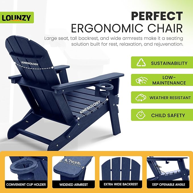 LOUNZY Folding Adirondack Chair, HDPE All-Weather Folding Patio Chair Chair with Cup Holders, Outdoor Patio Adirondack Chair for Deck Lawn Fire Pit, Navy