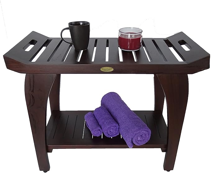 DecoTeak Tranquility 30 Inch Extended Height Brown Waterproof Teak Wood Shower Bench Stool Seat Chair for Inside Shower Storage Shelf Provides Safety Storage and Organization for Bathroom Accessories