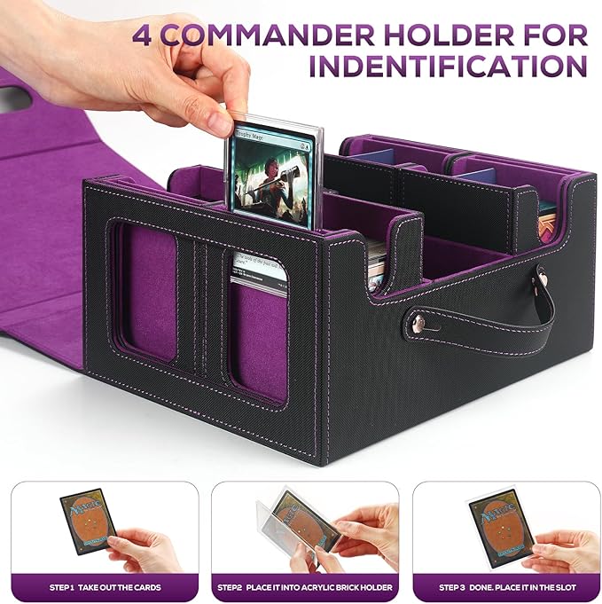 Trading Card Storage Box for MTG, MTG commander deck box，Multi-purpose Deck Case for MTG TCG Sports Card, 4 Toploaders, 4 Stoppers, 4 Colorful Dividers (Black & Purple)