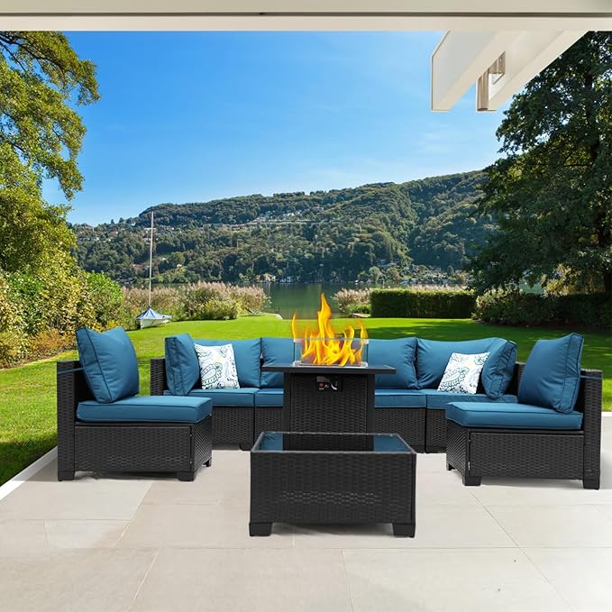 8 Pieces Patio Furniture Set with 28" Fire Pit Table, Wicker Outdoor Sectional Couch, Rattan Conversation Set for Backyard, Deck, Garden Lawn, Coffee/Peacock Blue