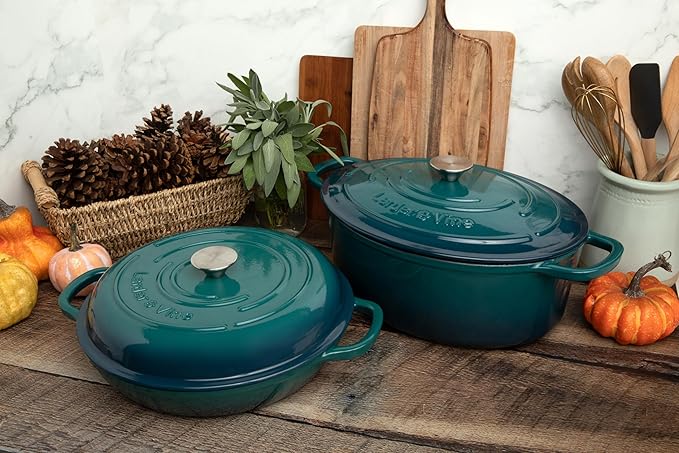 Larder & Vine 4-Piece Enameled Cast Iron Cookware Set: 8 Quart Dutch Oven with Lid, 3.6 Quart Braiser with Lid, Cast Iron Cookware with Oversized Handles, Oven Safe up to 500°F (Bondi)