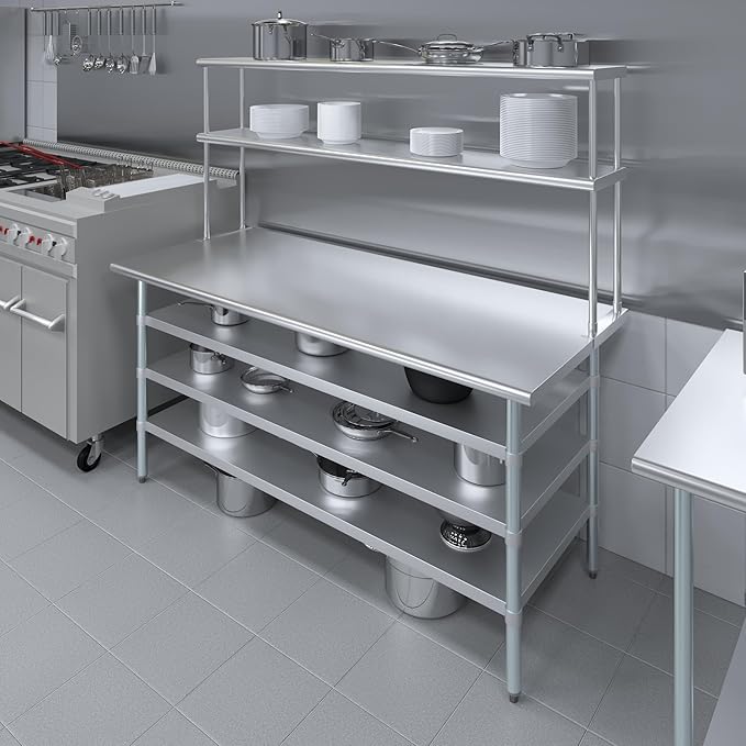 Amgood 30" x 72" Stainless Steel Work Table with 3 Shelves and 12" Wide Double Tier Overshelf | Metal Kitchen Prep Table & Shelving Combo | NSF