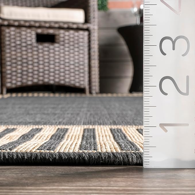 nuLOOM 2' x 8' Outdoor Area Rug, Casual Design With Striped Border, Stain Resistant, Highly Durable, For Patio, Balcony, Bedroom, Living Room, Dining Room, Bathroom, Dark Grey