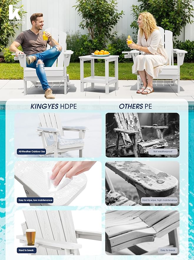KINGYES Adjustable Folding Adirondack Chair Set of 4, 3-Position Reclining Adirondack Chairs with Cup Holder, HDPE All-Weather Oversized Adirondack for Outdoor, Patio, Backyard Deck, Fire Pit, White