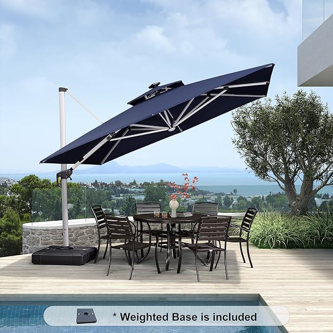PURPLE LEAF 11 Feet Solar Powered LED Square Cantilever Umbrella With Base Patio Umbrellas Windproof Hanging Umbrella Outdoor Offset Umbrellas, Navy Blue