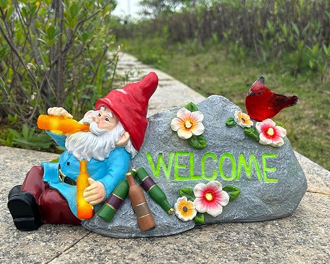 Funny Garden Gnomes Statue with Welcome, Solar Outdoor Gnomes Decorations for Yard, Patio, Lawn, Christmas Birthday Housewaming Gifts for Dad, Men, Husband, Grandpa, 11.8 Inch, Resin