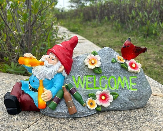 Funny Garden Gnomes Statue with Welcome, Solar Outdoor Gnomes Decorations for Yard, Patio, Lawn, Christmas Birthday Housewaming Gifts for Dad, Men, Husband, Grandpa, 11.8 Inch, Resin