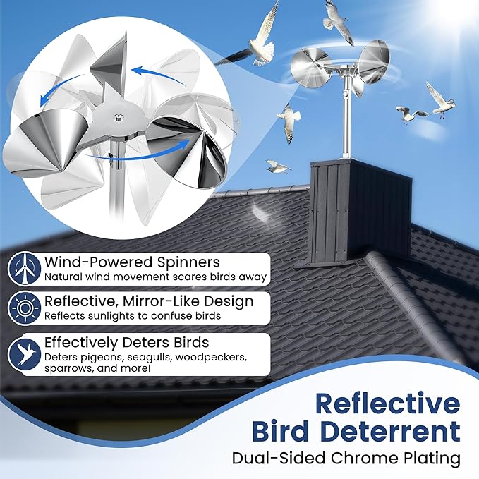 2 Pack Reflective Spinning Bird Deterrent, Wind Powered Aluminum Bird Repeller Scarer Deterrent Devices Outdoor, Repels All Birds Pigeons Sparrows Woodpeckers for Garden Railing Roof Adjustable Neck