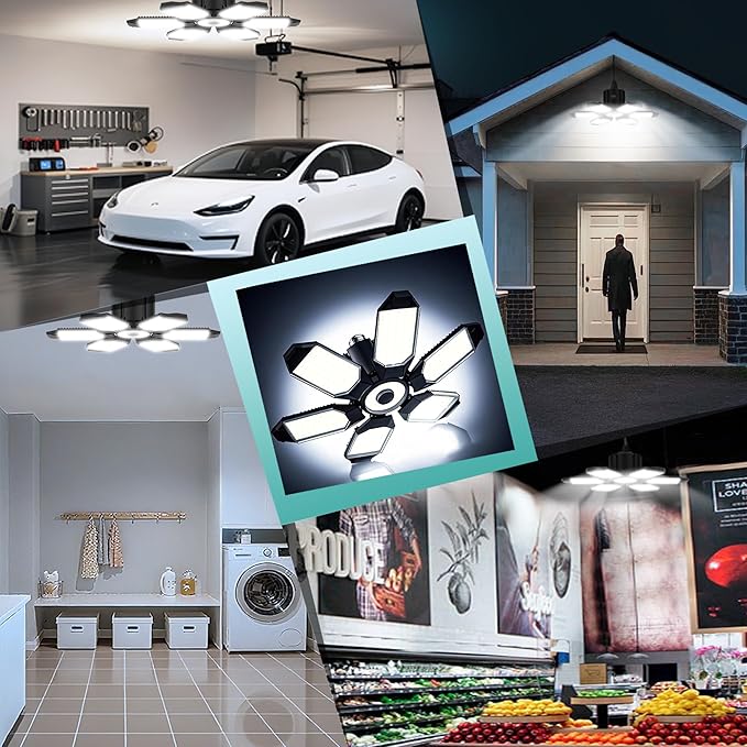 BRAINIAC LED Garage Light Bulbs 100W with 6 Adjustable Panels, E26/E27 Screw in Deformable Garage Ceiling Light Led for Warehouse Corridor Stadium