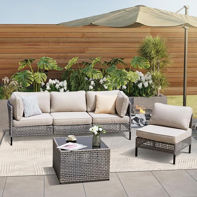 5-Piece PE Rattan Patio Sectional Set with 2 Armchairs, 2 Armless Chairs and Coffee Table, Modular Wicker Outdoor Sofa with 4" Beige Cushions for Backyard, Deck, Garden